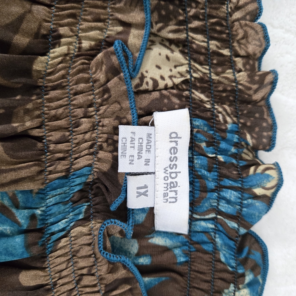 Dressbarn Satin Floral Blouse Brown Blue Paisley Cottagecore 3/4‎ Sleeve Sz 1X - Picture 7 of 11